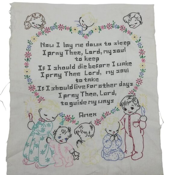 Vintage 1950s Embroidered Cross Stitch Completed Bedtime Prayer Religious Kids - Picture 3 of 8